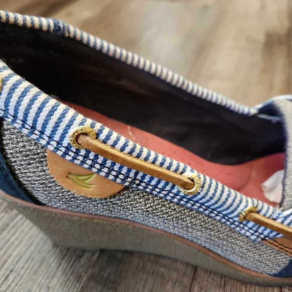 Sperry Top-Sider Womens Navy Blue Striped Leather Canvas Boat Shoe Wedge 7.5M